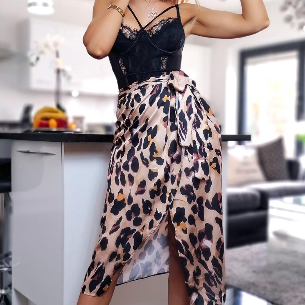 Leopard Satin Wrap Around Skirt
