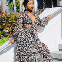 Leopard Woven Puff Sleeves Maxi Dress
