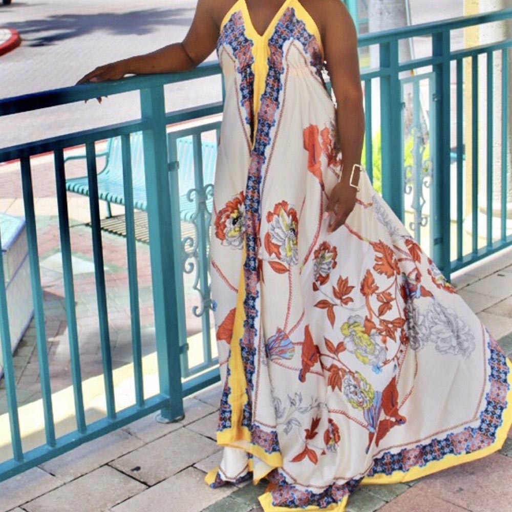 Open-back printed silk maxi dress