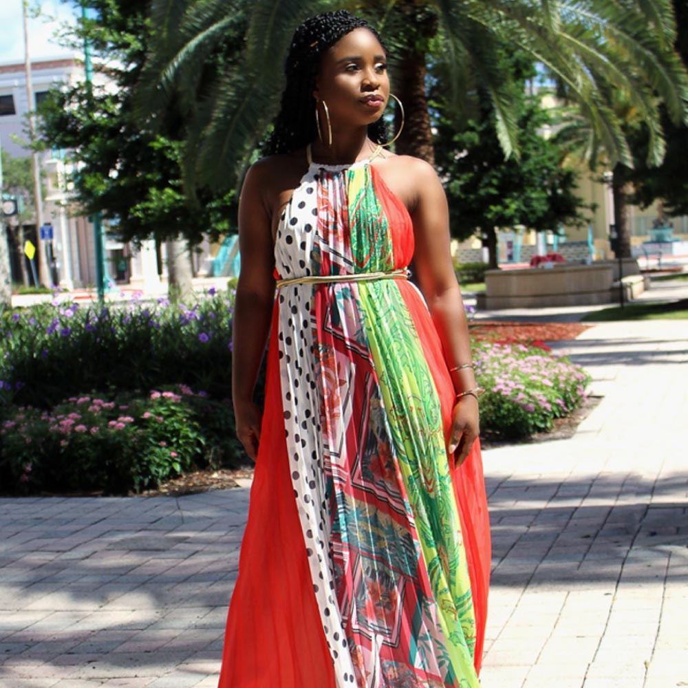 Wild Mix Art Pleated Maxi Dress