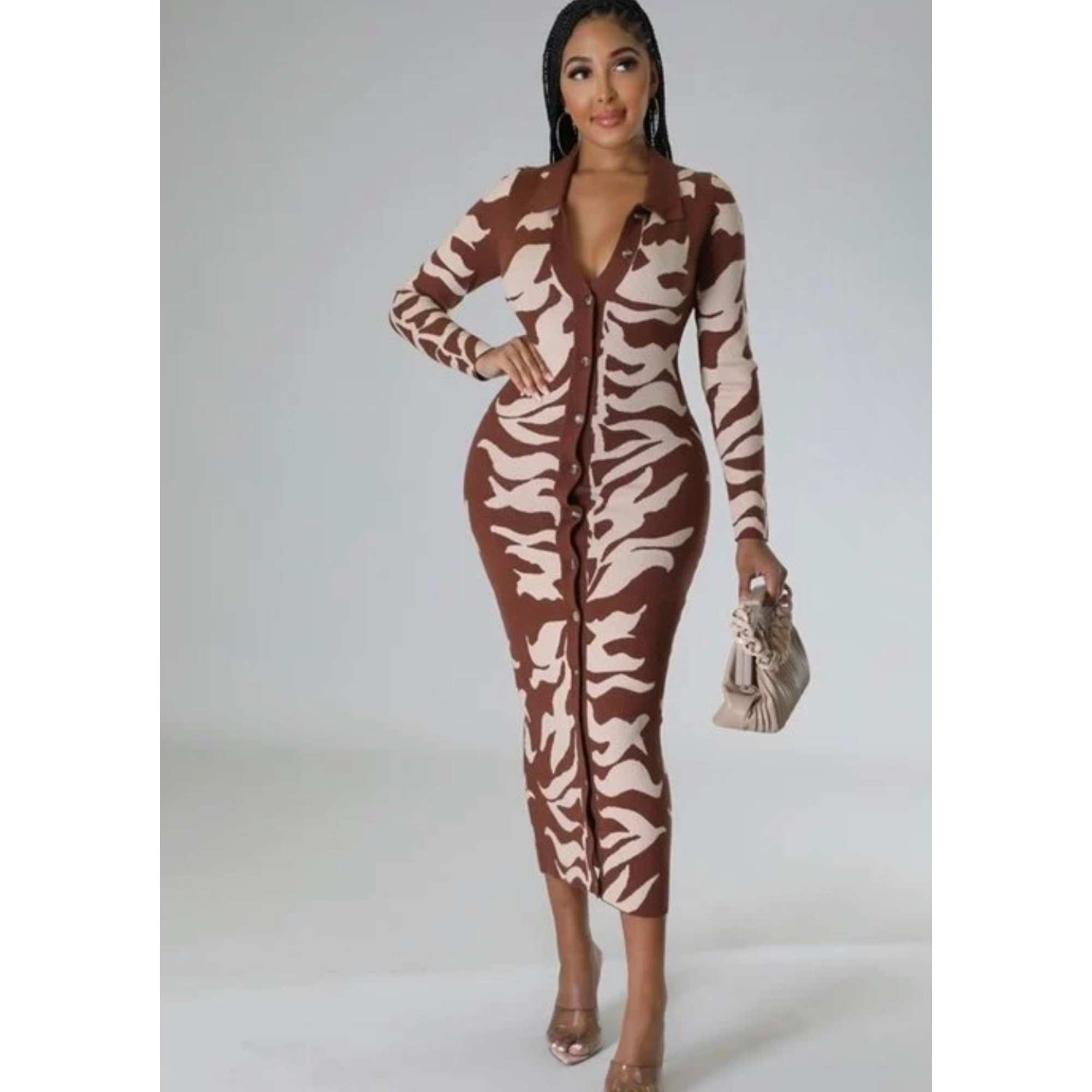 Brown Zebra Print Long Sleeve Dress