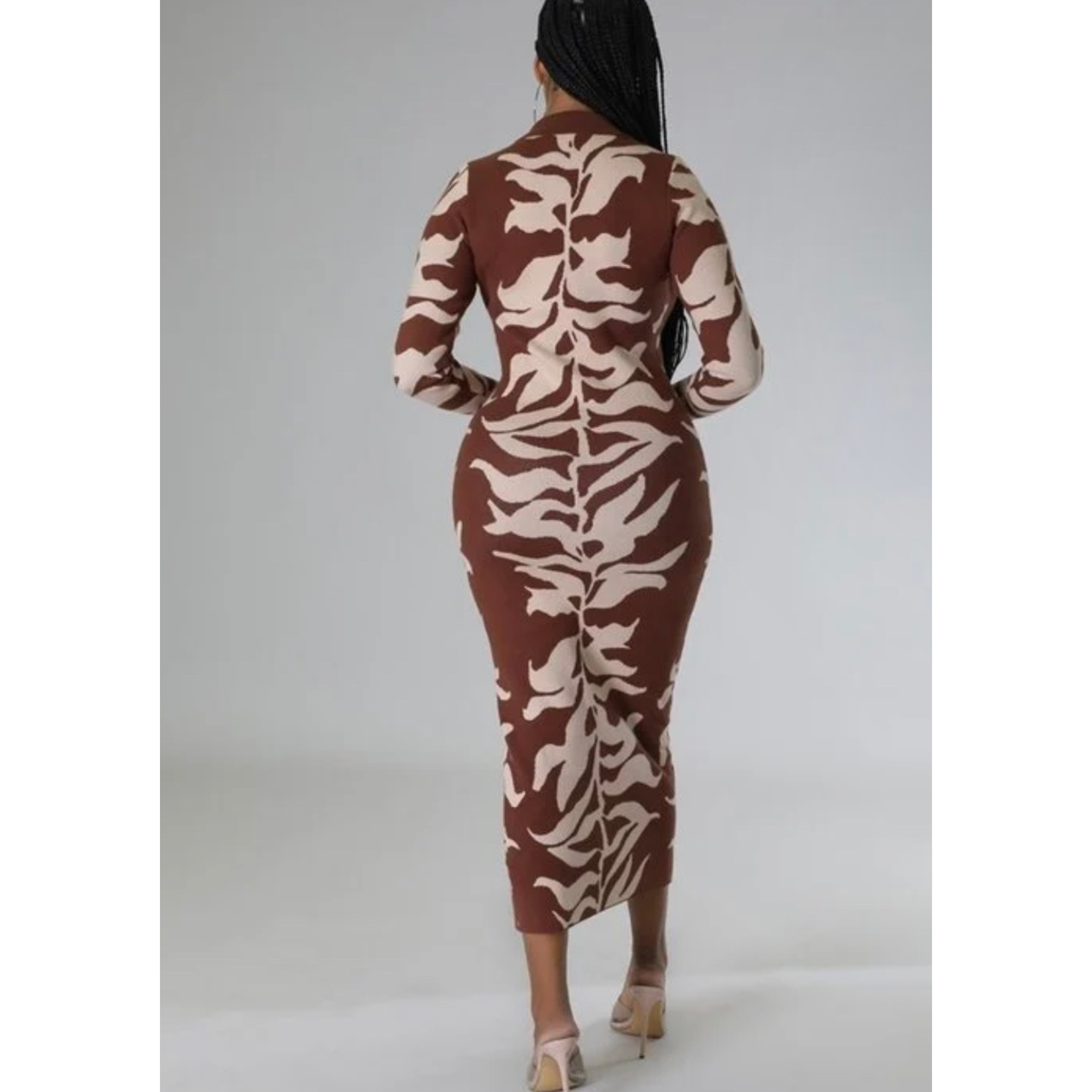 Brown Zebra Print Long Sleeve Dress
