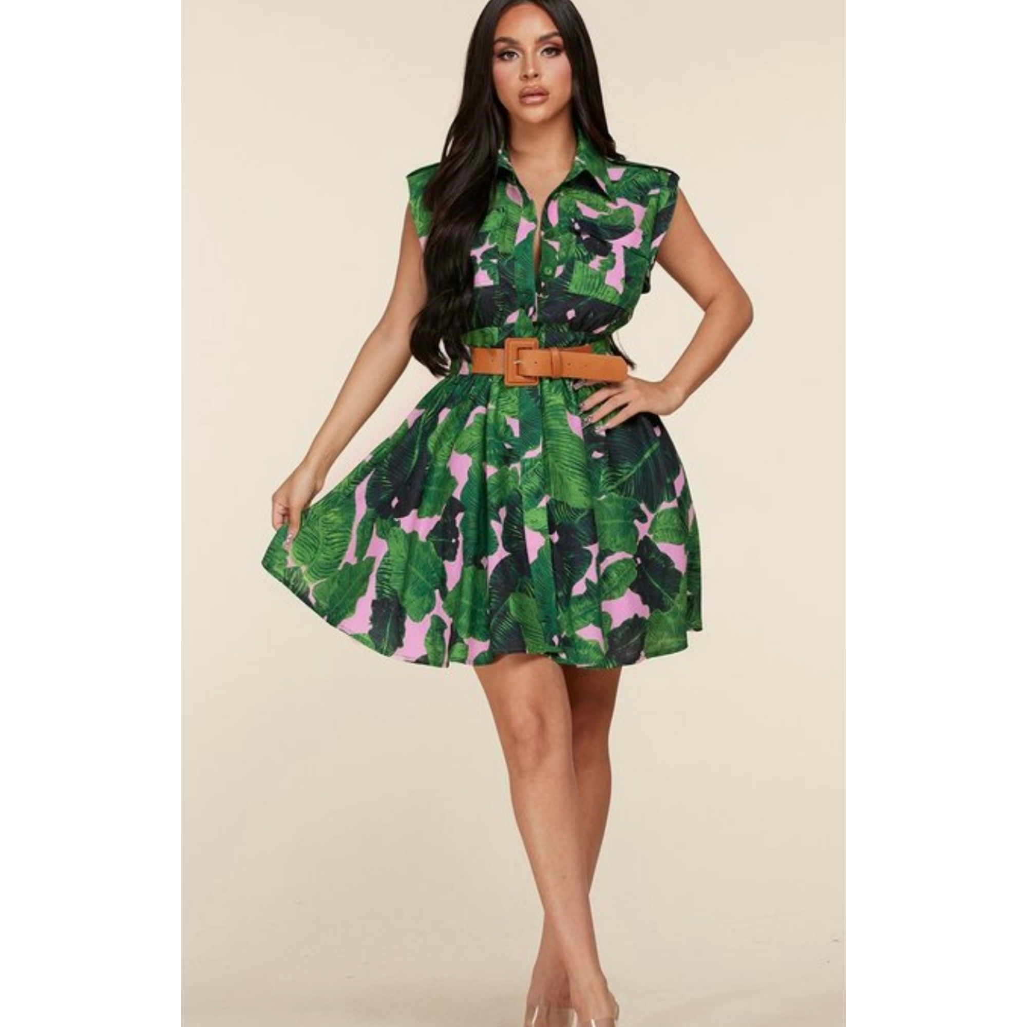 Tropical Sleeveless Green Leaf Dress